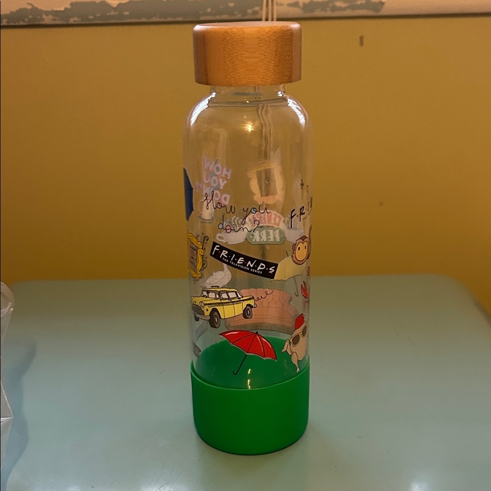 Friends Themed Clear Water Bottle with Green Base